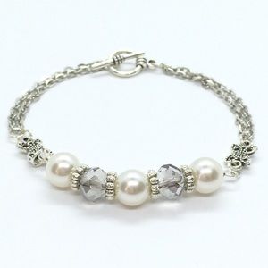 Ivory Glass Pearl w/ Gray Crystal Silver Bracelet